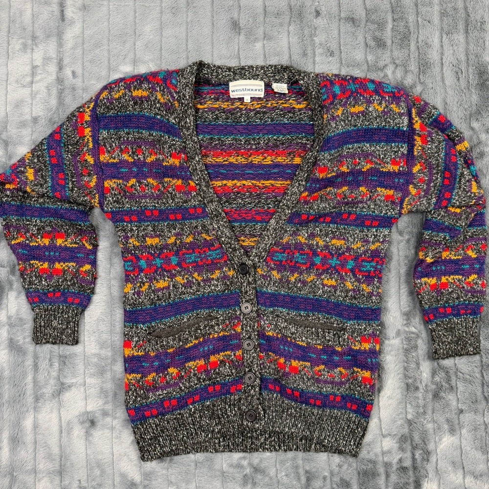 Westbound Vintage Fair Isle Knit Cardigan Wool Blend Gray Colorful Womens Small